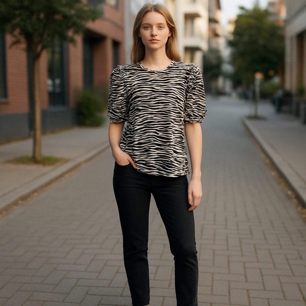 LOFT Zebra Print Top Puff Sleeve Blouse Casual Everyday Trendy‎ Medium